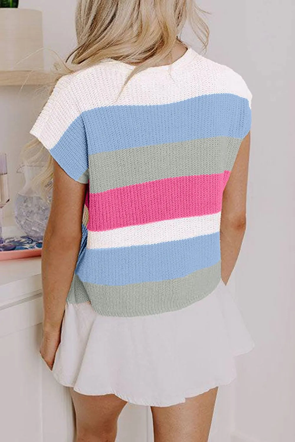 Color Block Notched Cap Sleeve Knit Top DAME BOHEME