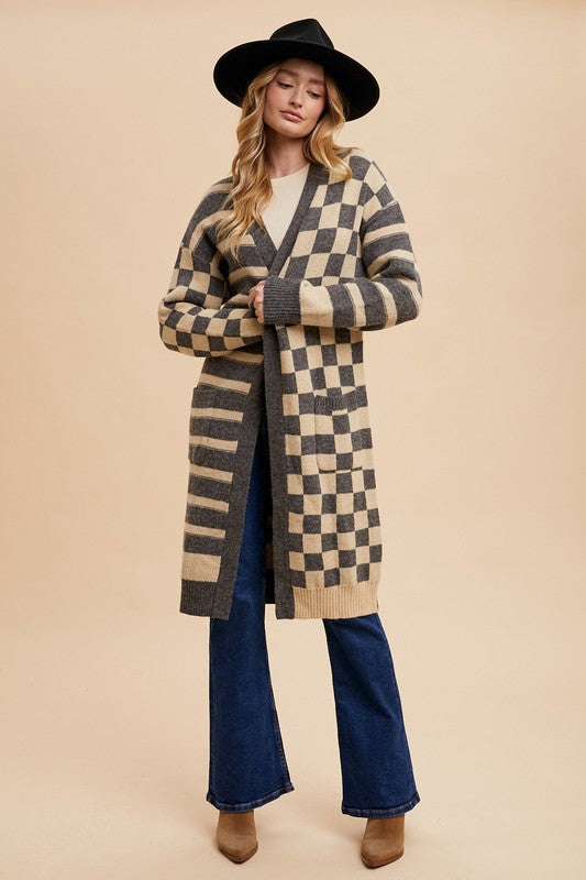 Checkered & Striped Open Front Long Sleeve Cardigan Trendsi