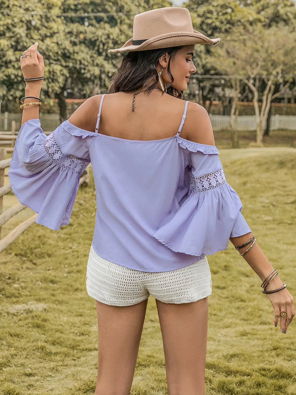Square Neck Flare Sleeve Blouse with Lace Detail & Ruffles Trendsi