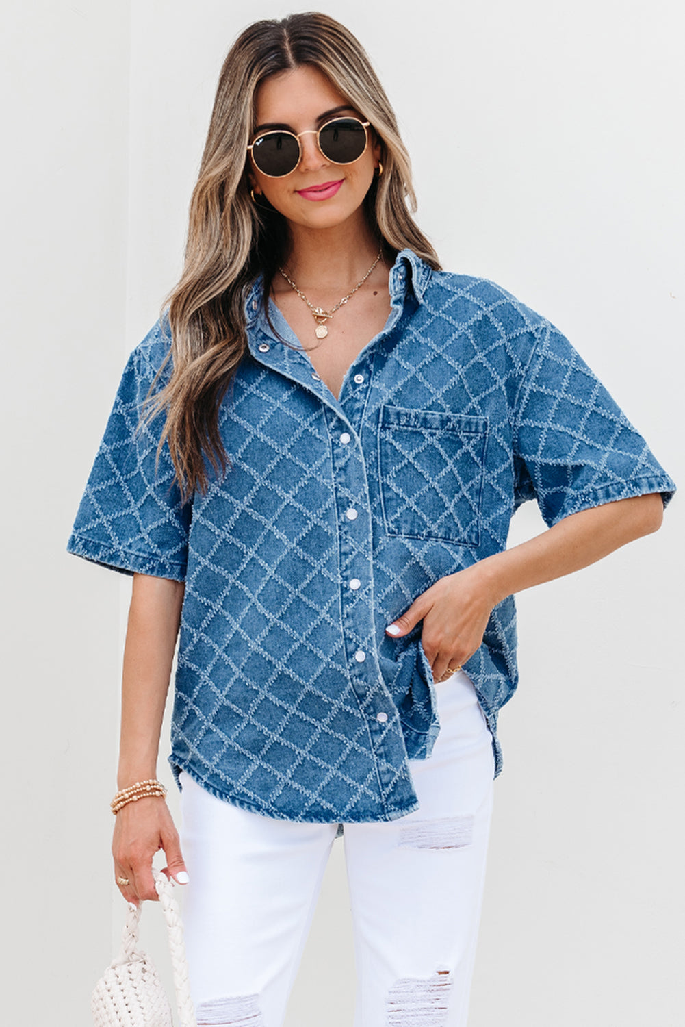 Violette Checkered Textured Short Sleeve DAME BOHEME