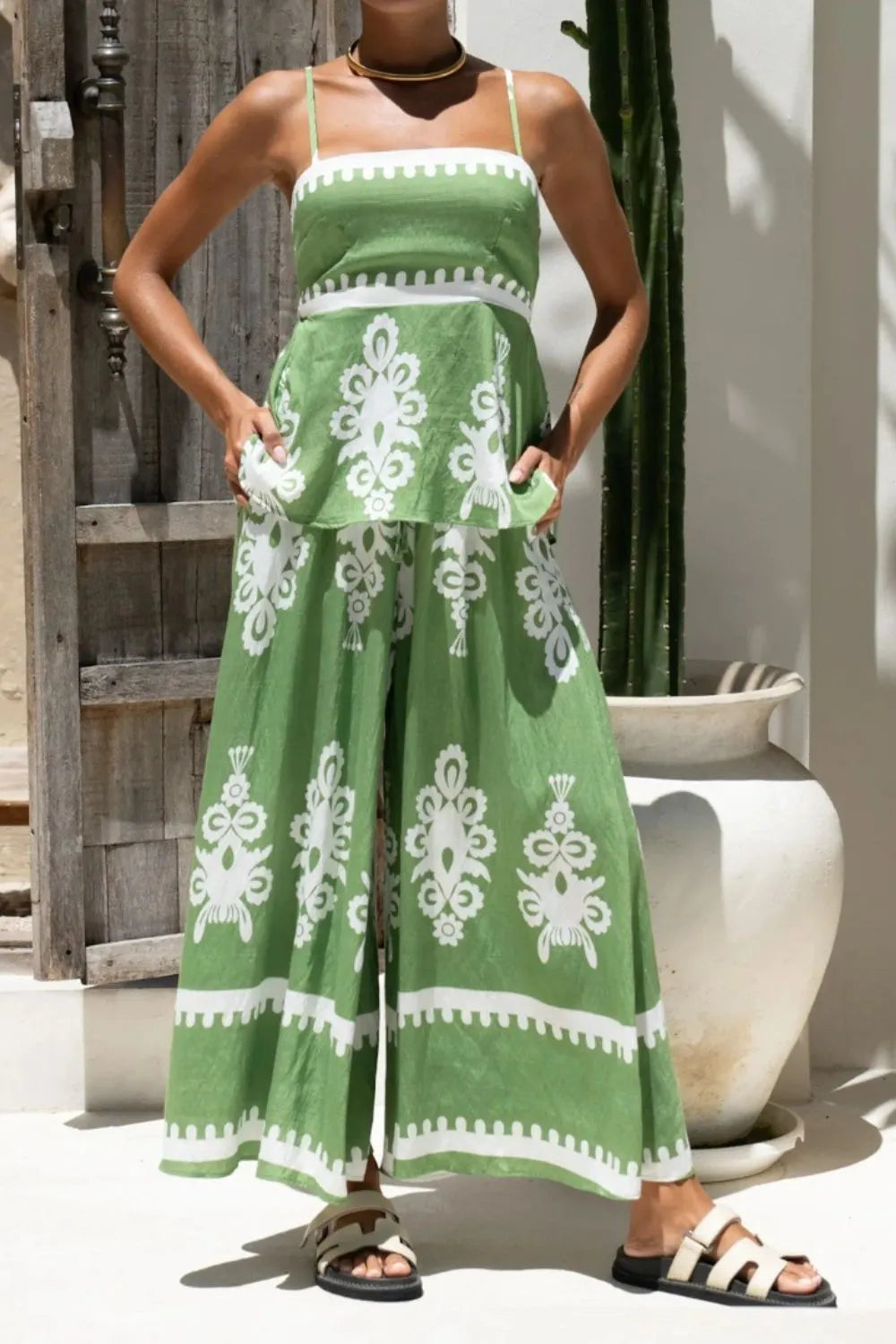 Printed Square Neck Cami and Wide Leg Pants Set Trendsi