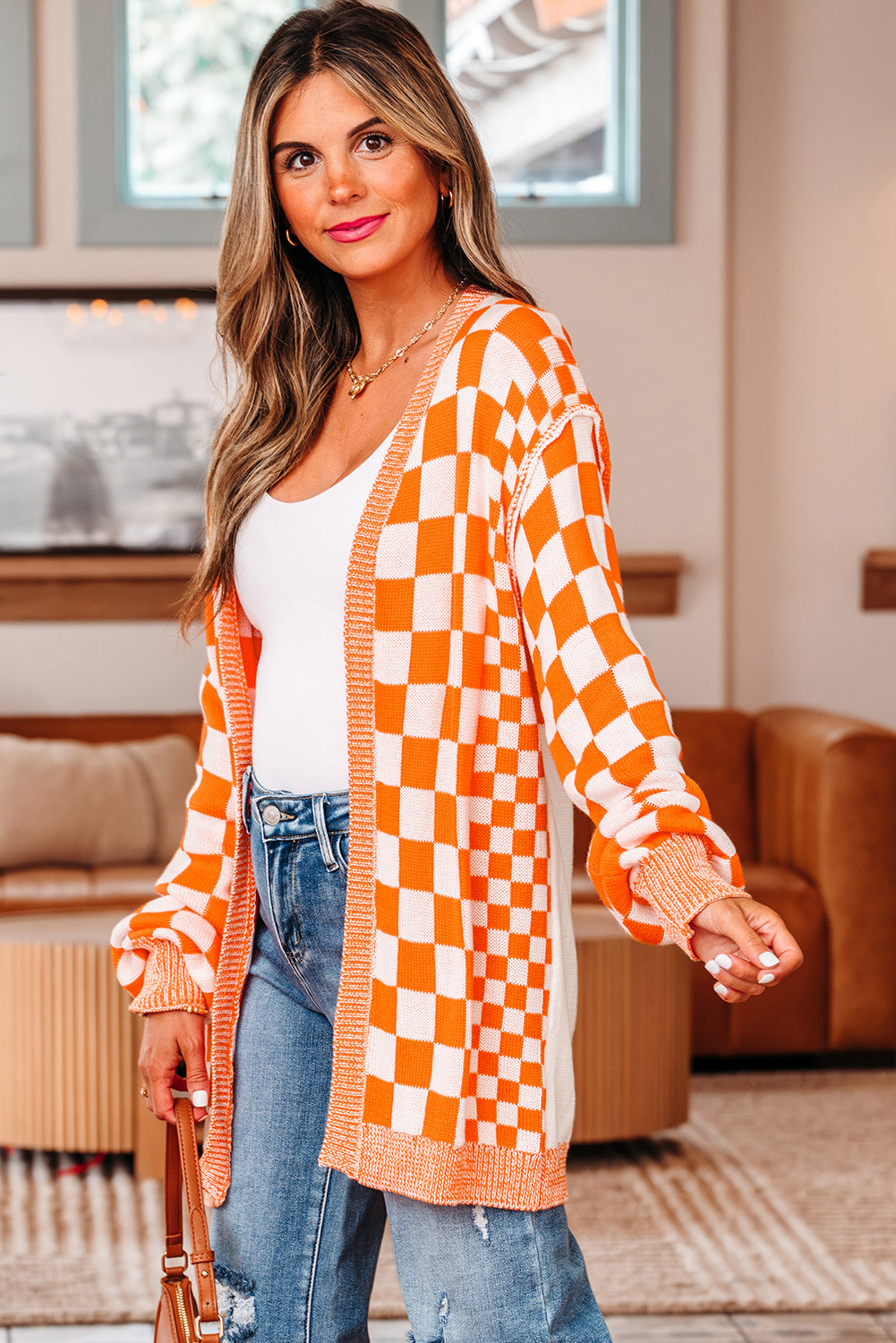 Wrenley Checkered Open Front Drop Shoulder Cardigan DAME BOHEME