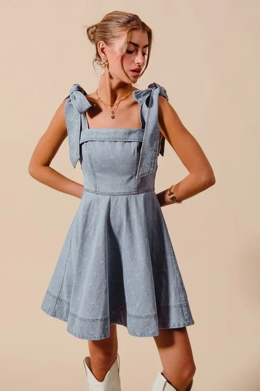 SO ME A Line Fit and Flare Diamond Bow Denim Dress Trendsi