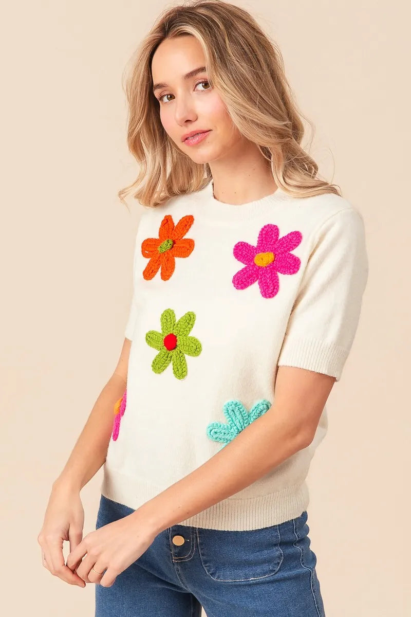 BiBi Crochet Flower Patch Sweater Top Trendsi