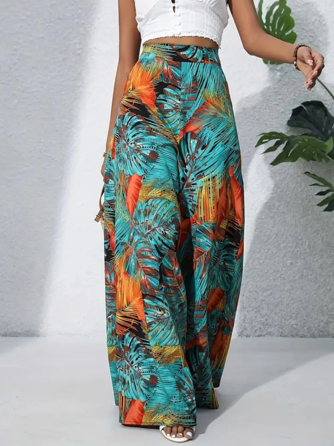 Tropical Print High Waist Wide Leg Pants Trendsi