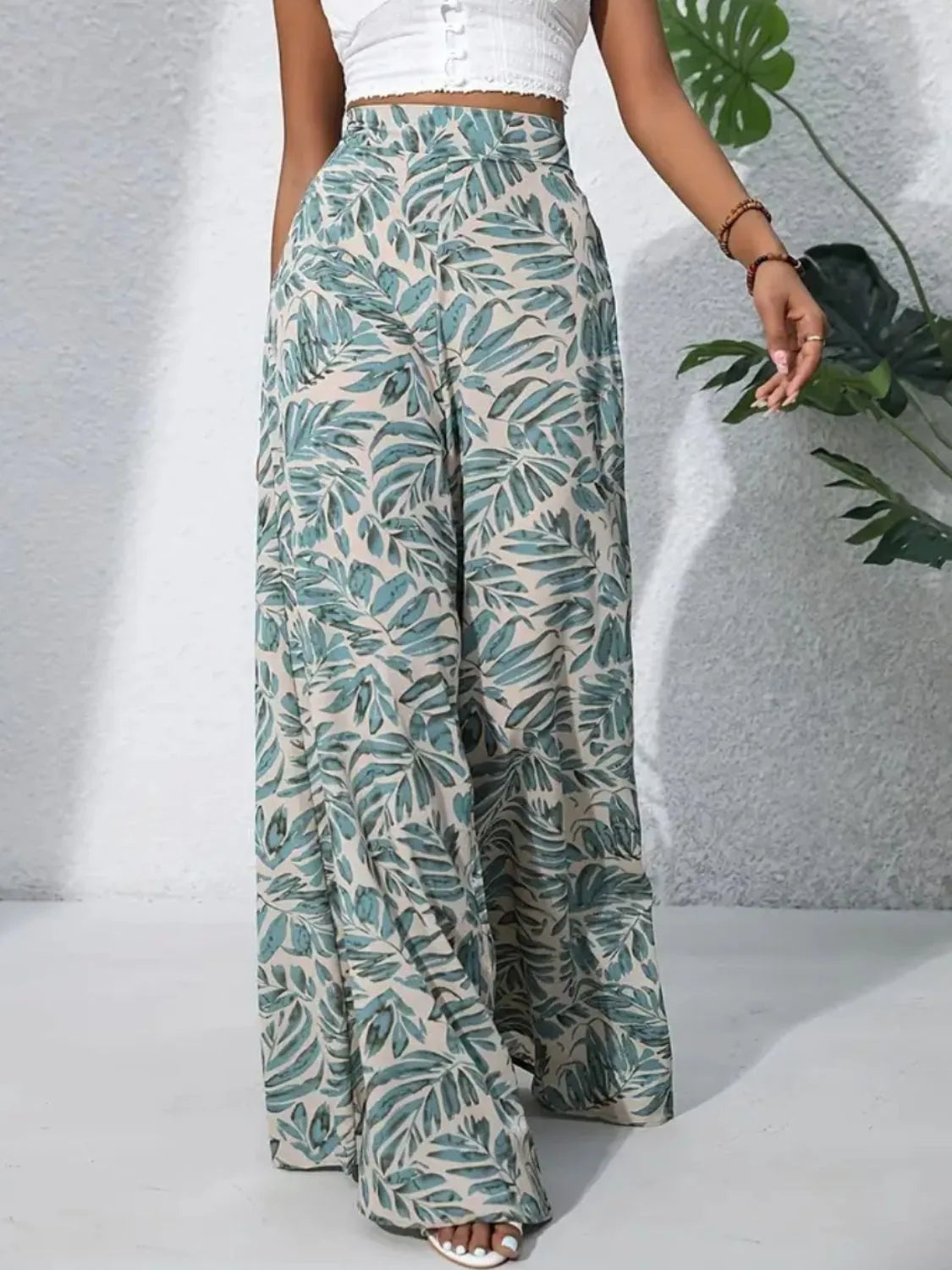 Tropical Print High Waist Wide Leg Pants Trendsi
