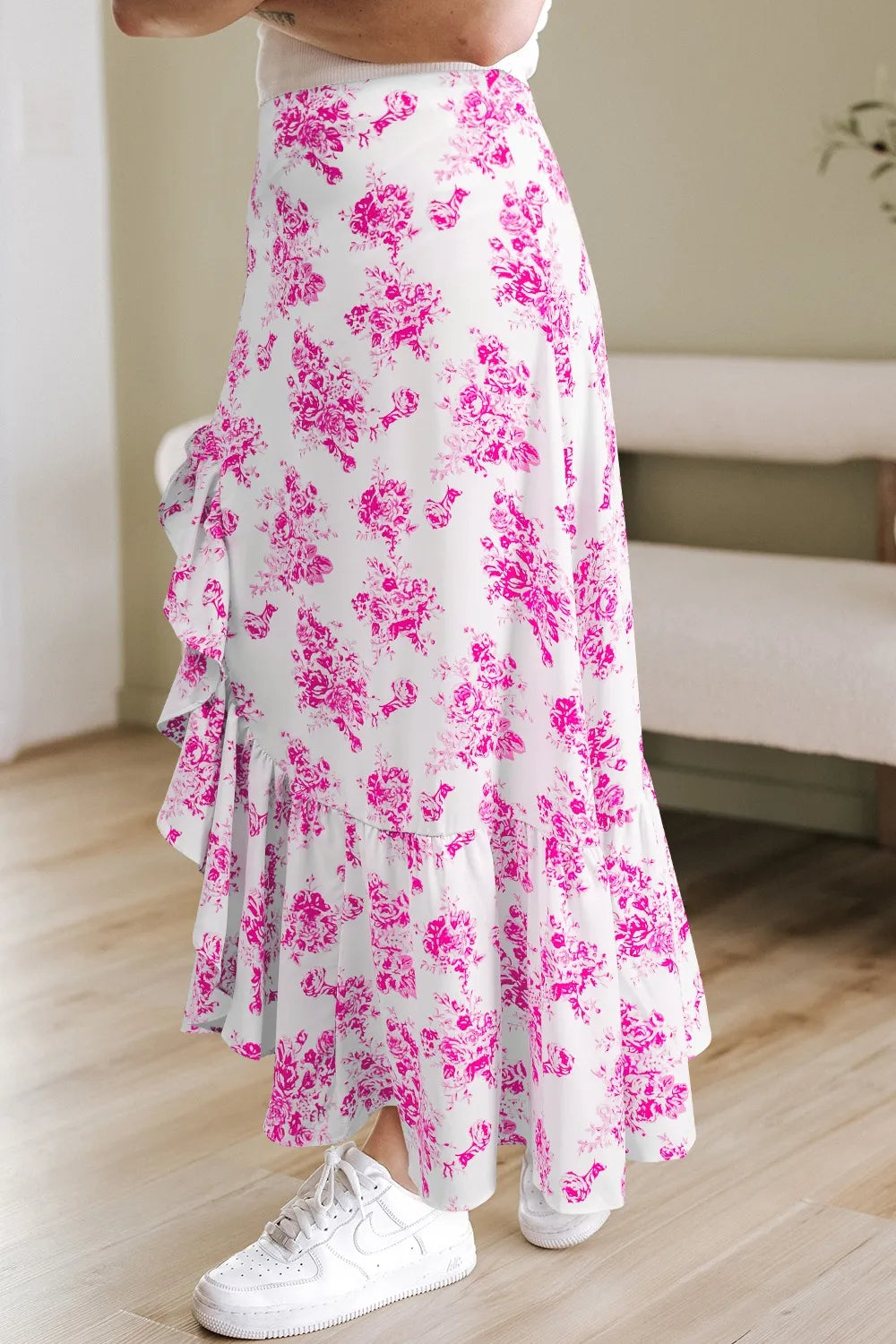 Boho Floral High Waist Ruffle Split Maxi Skirt Simply Love