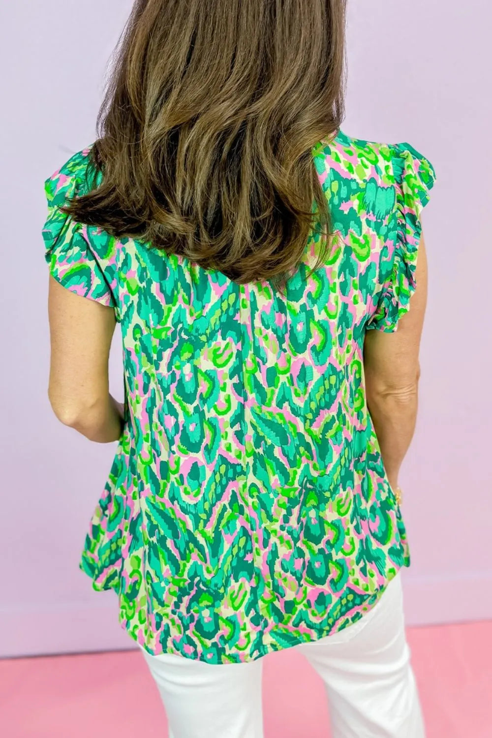 Abstract Print Ruffled Trim Tie Neck Top Simply Love