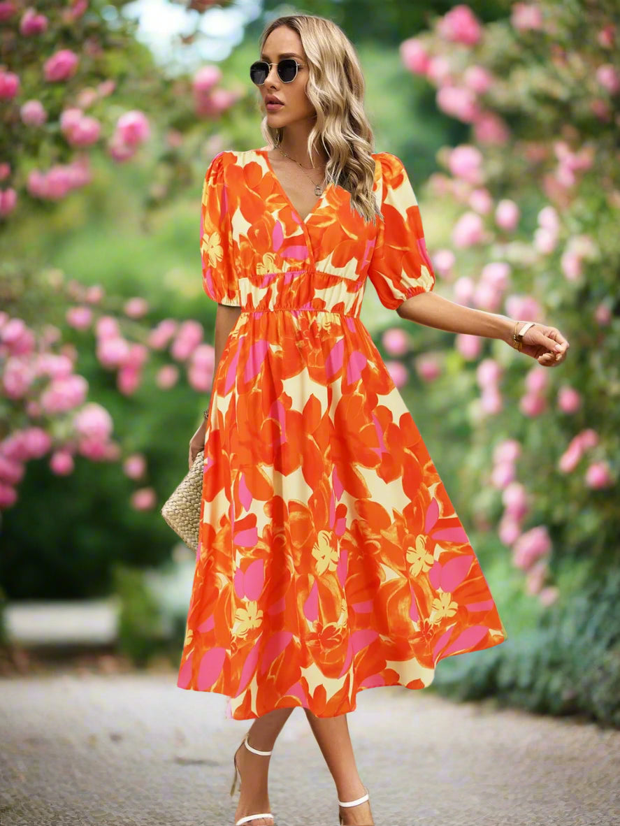 Ruched Roses Surplice Short Sleeve Dress Trendsi