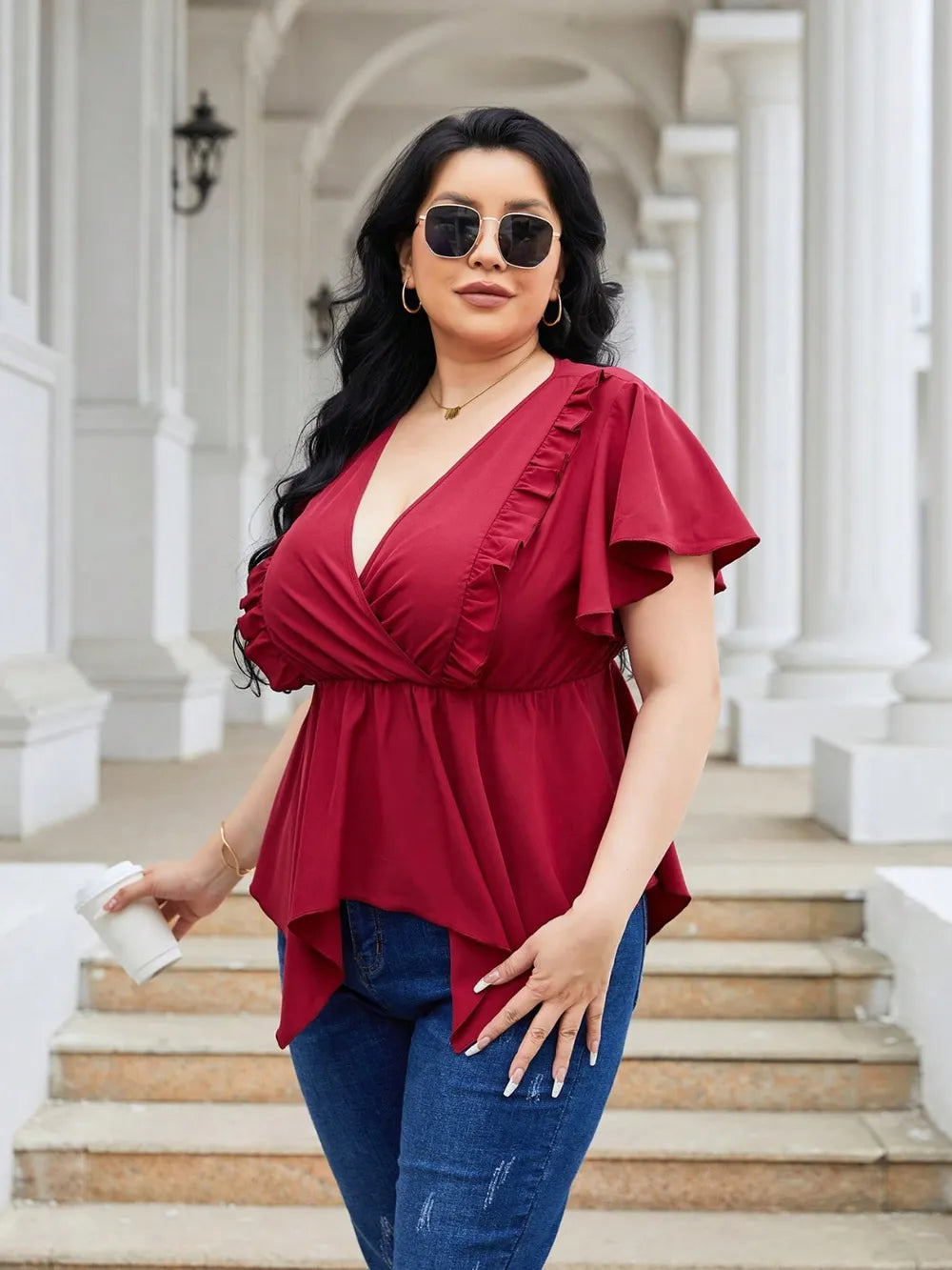 Plus Size Frill Surplice Flutter Sleeve Blouse Trendsi