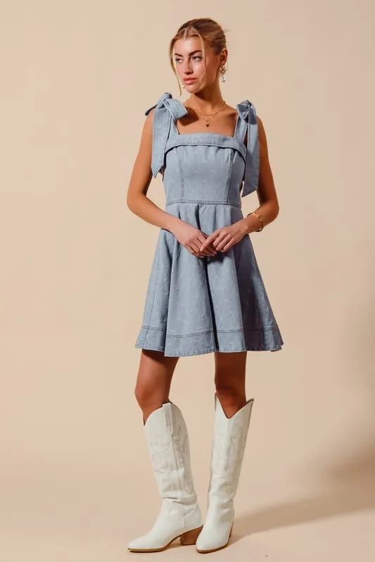 SO ME A Line Fit and Flare Diamond Bow Denim Dress Trendsi