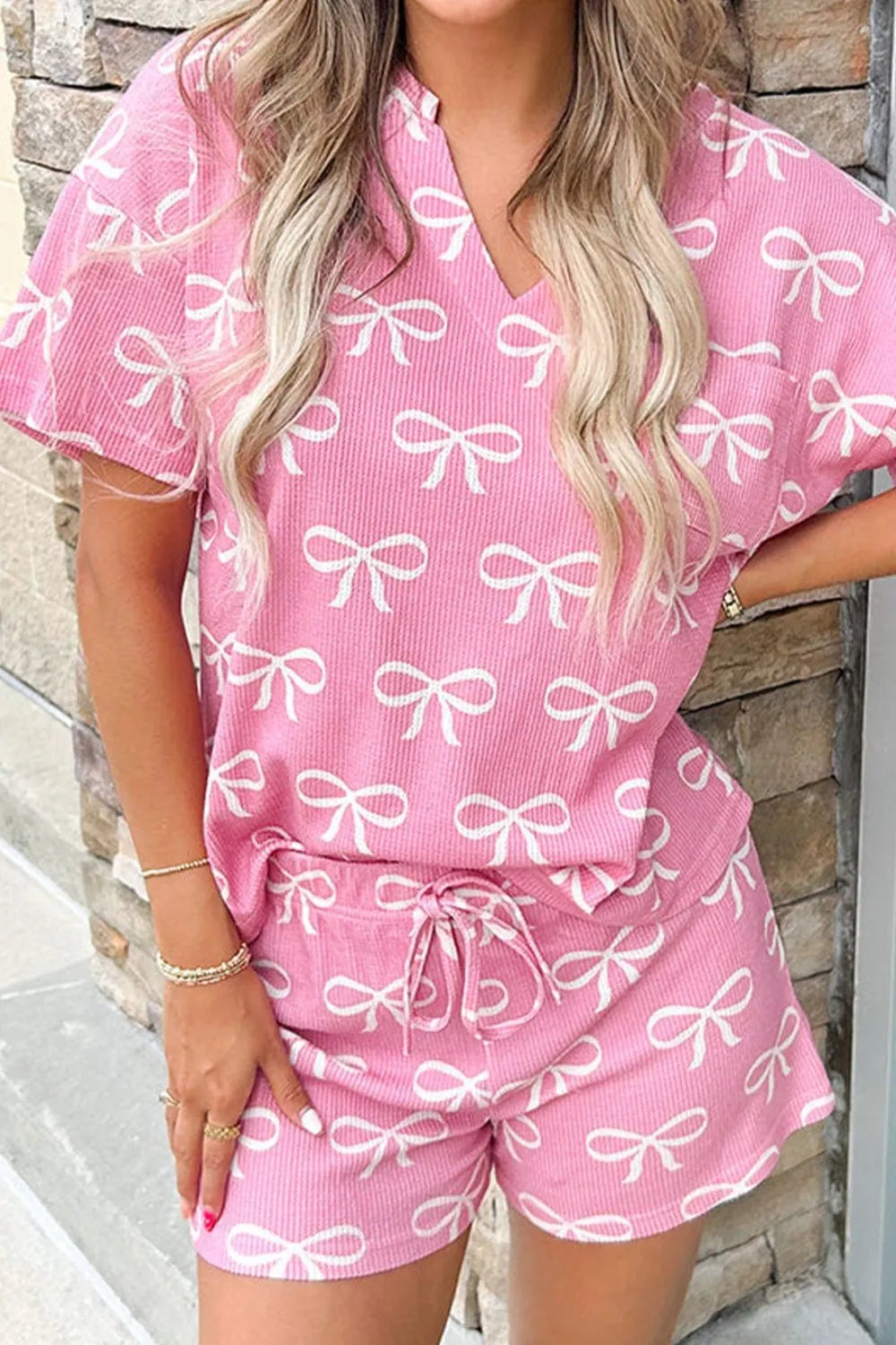 Bowknot Printed Notched T-Shirt and Shorts Set DAME BOHEME