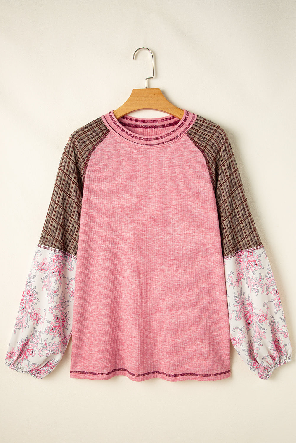 Elena Raglan Sleeve Ribbed Knit Patchwork BlouseĀ DAME BOHEME