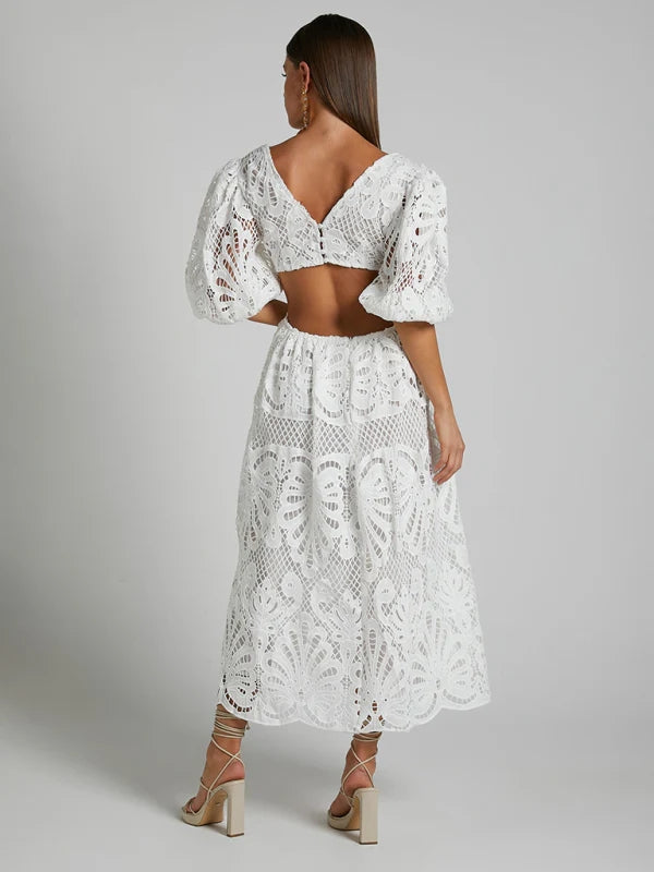 Cutout Back Lace Crochet V-Neck Dress Trendsi