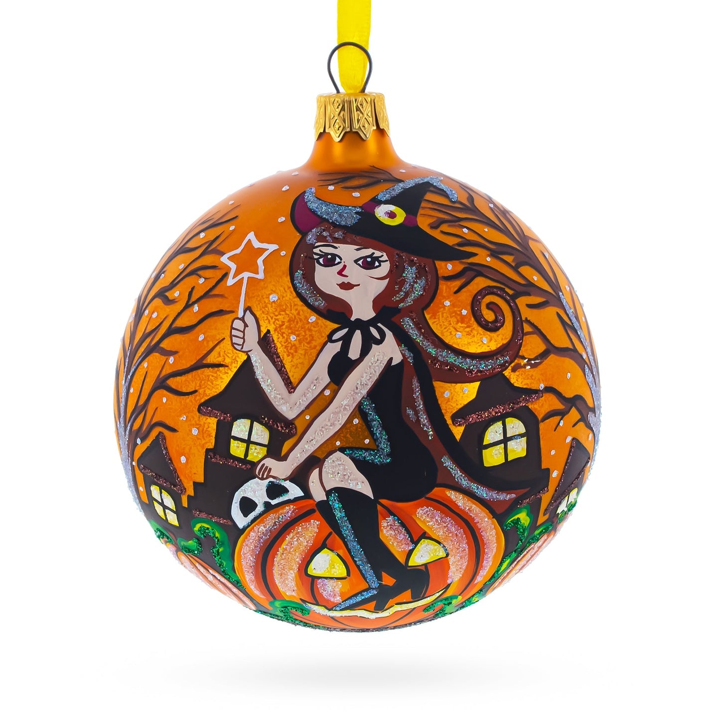 Enchanting Witch Riding Pumpkin Glass Ball Halloween Ornament 4 Inches DAME BOHEME