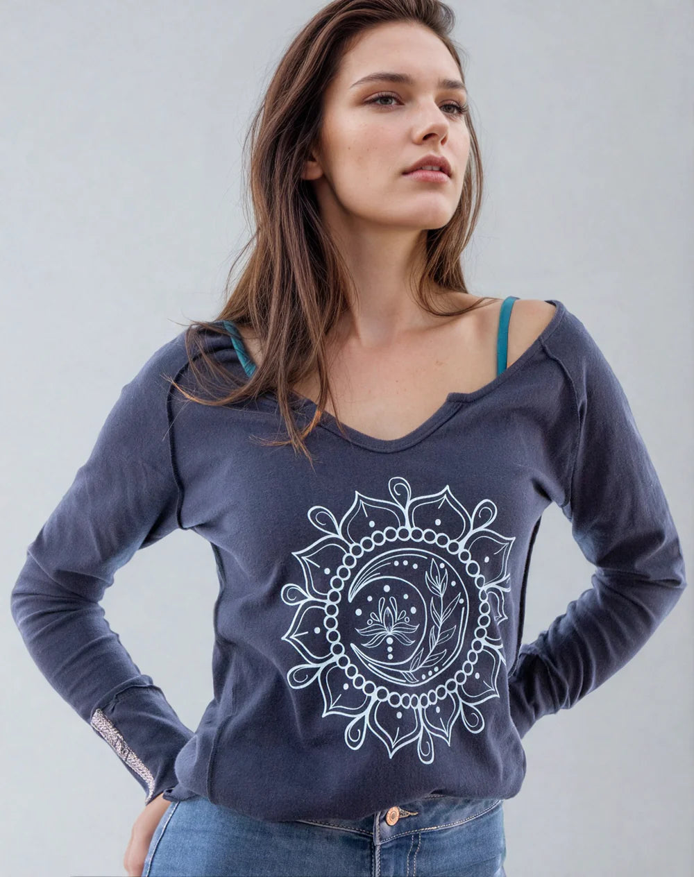 Moon Mandala Navy Cotton V-Neck DAME BOHEME