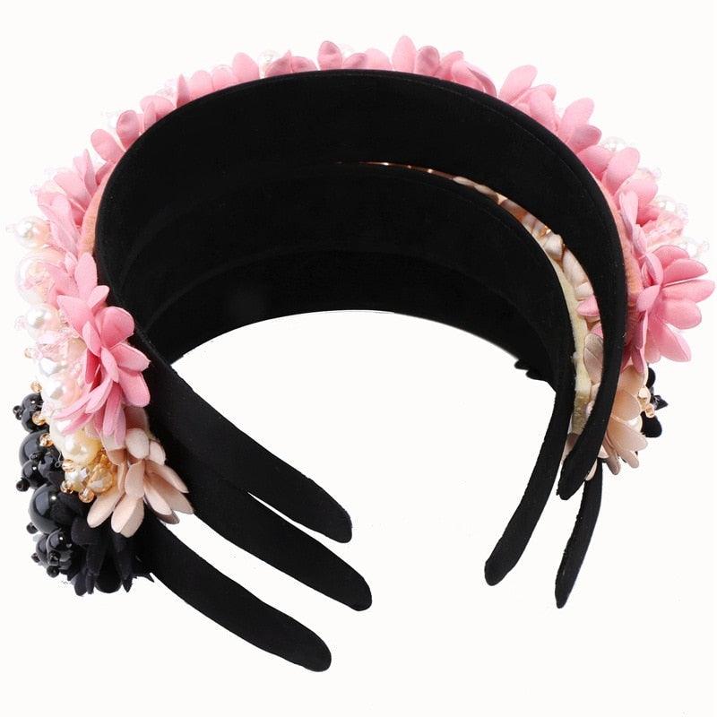Flower Pearl Headbands Crystal Beads Embellishment Wide Hairbands Women Wedding Party Crown Tiara Gorgeous Hair Accessories For Women DAME BOHEME