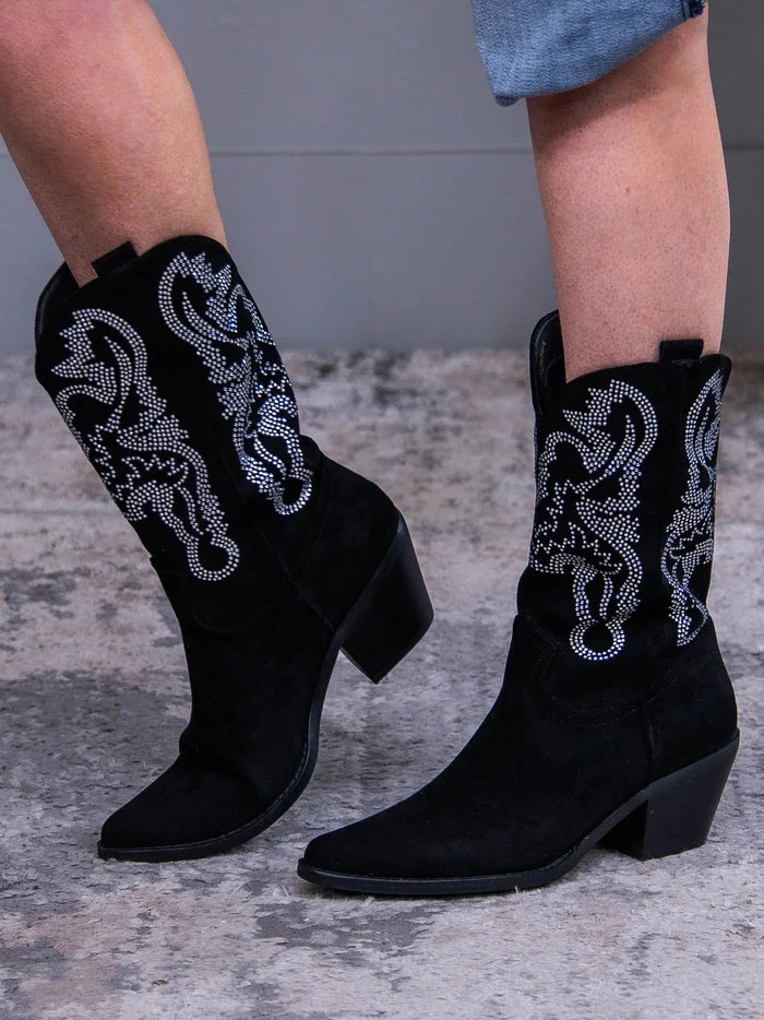 Beast Fashion Rhinestone Detail Point Toe Suede Boots Trendsi