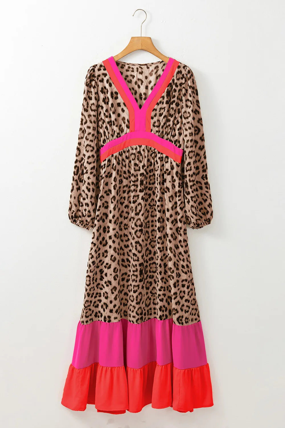 Leopard Red Colorblock V-Neck Long Sleeve Maxi Dress Trendsi