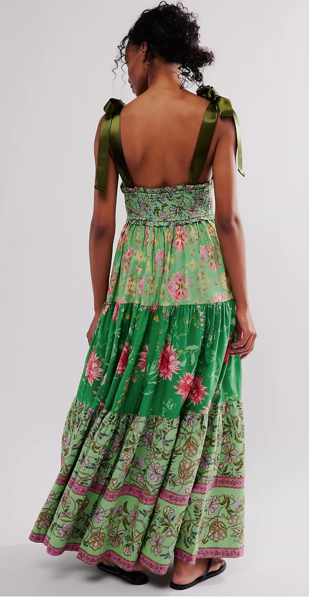 Floral Tiered Maxi Dress with Mixed Print Design Trendsi