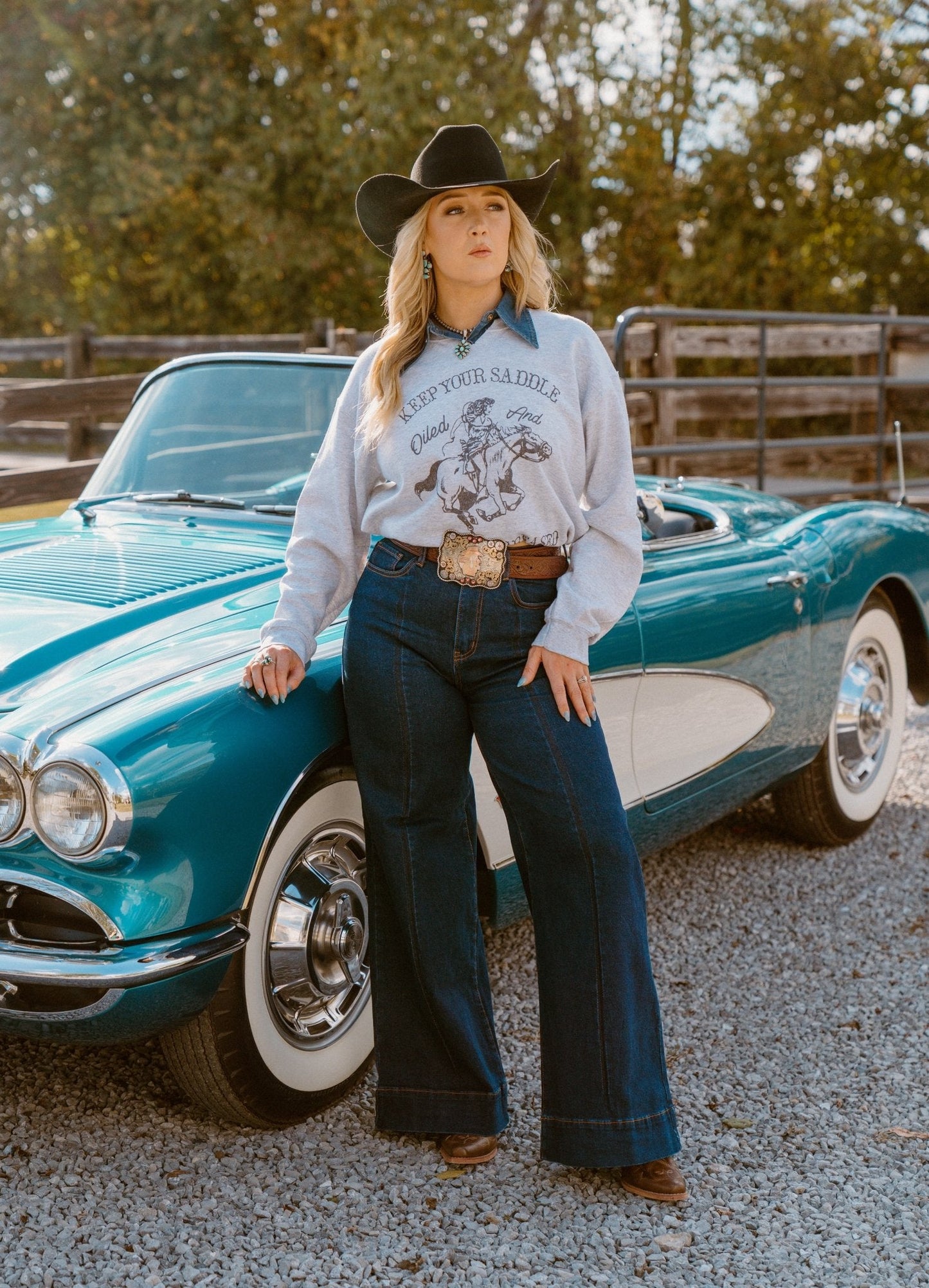 Saddle Oiled Raw Hem V-Neck Graphic Sweatshirt or Tee DAME BOHEME