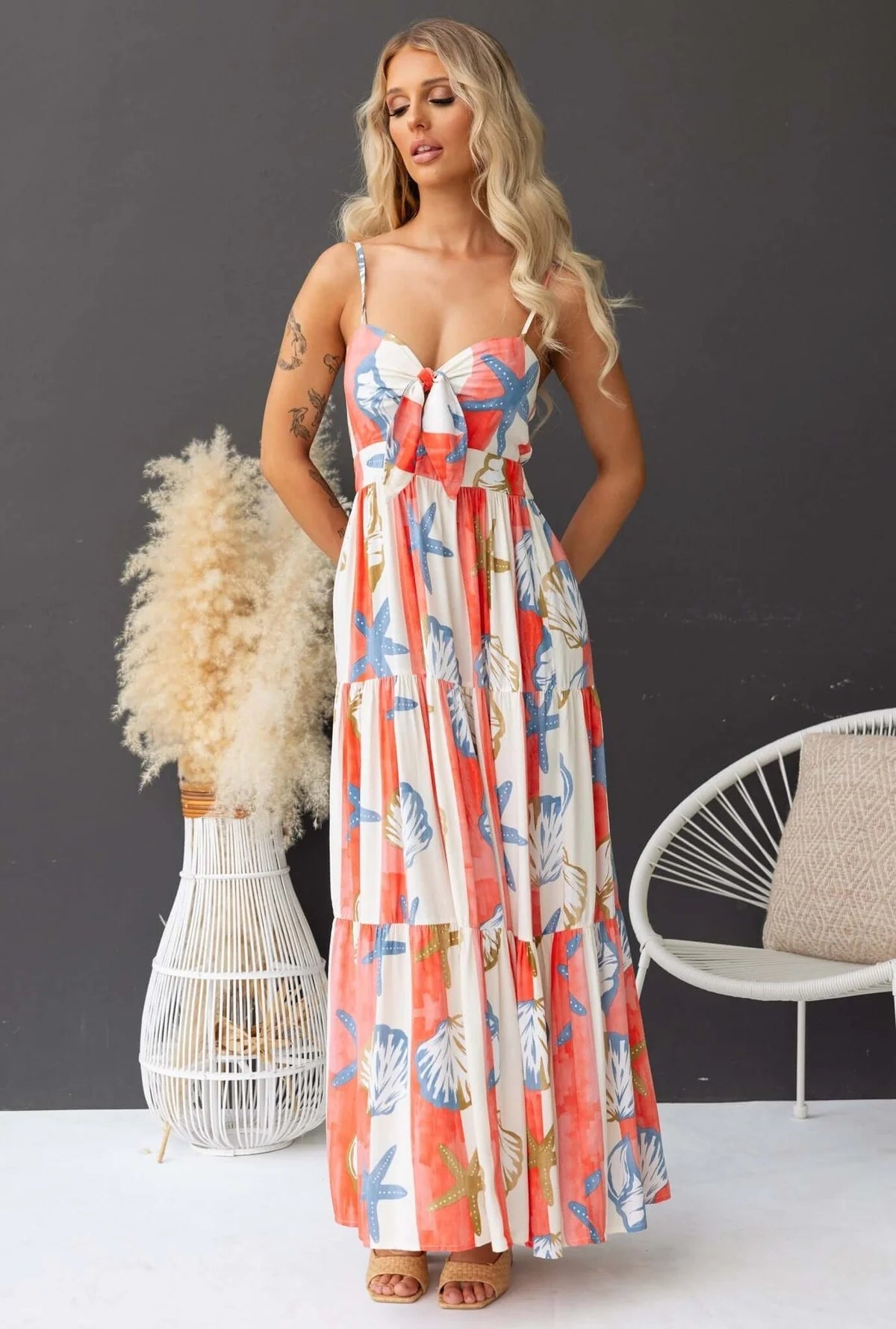 Starfish Striped Print Tie Front Maxi Dress Plus Size Trendsi
