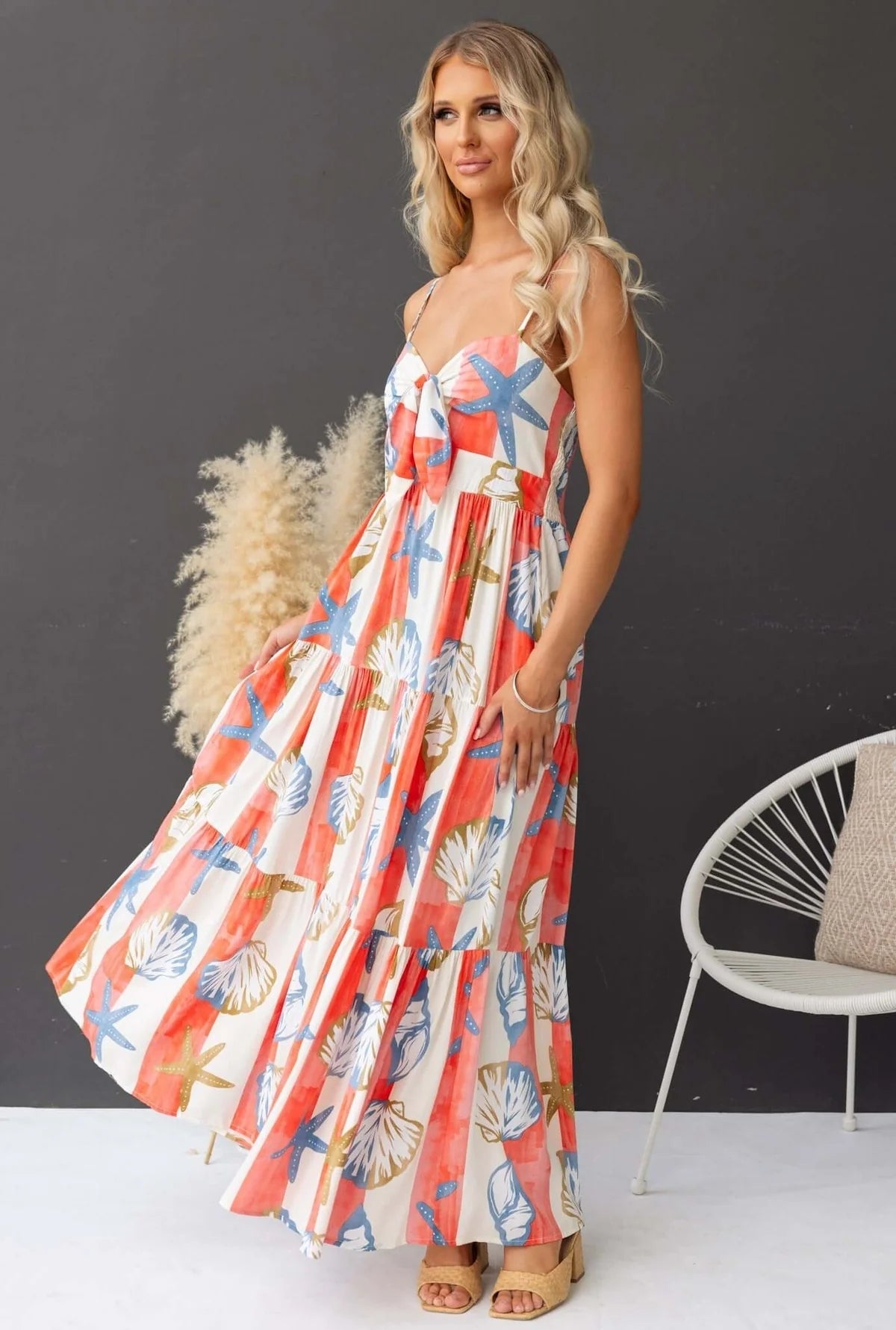Starfish Striped Print Tie Front Maxi Dress Plus Size Trendsi