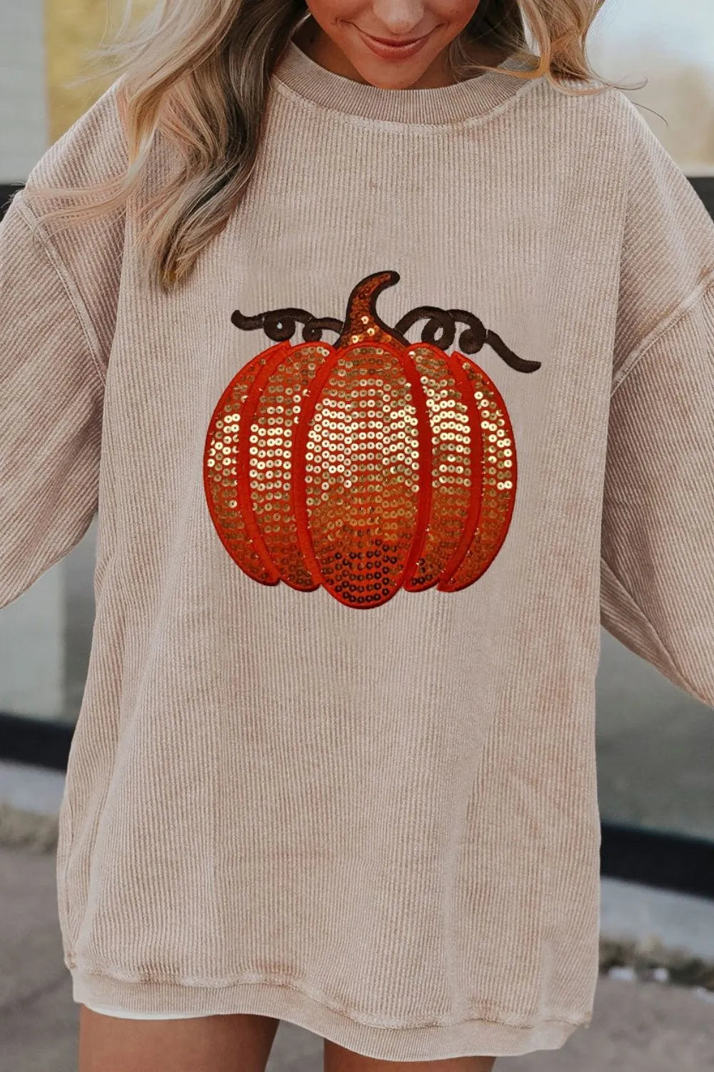 Sequin Pumpkin Round Neck Long Sleeve Sweatshirt  DAME BOHEME