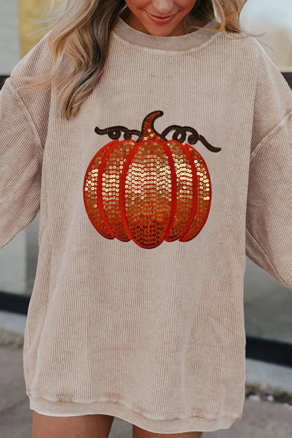 Sequin Pumpkin Round Neck Long Sleeve Sweatshirt  DAME BOHEME