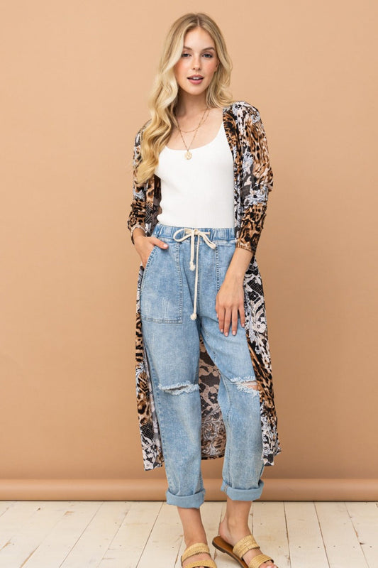 Leopard Kimono Open Front Longline Cardigan Trendsi
