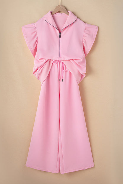 Kallie Ruffled Sleeve Zipped Top and Wide Leg Pants Set  DAME BOHEME