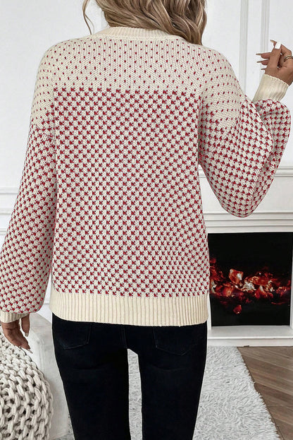 Red Contrast Color Pattern Lantern Sleeve Sweater  DAME BOHEME