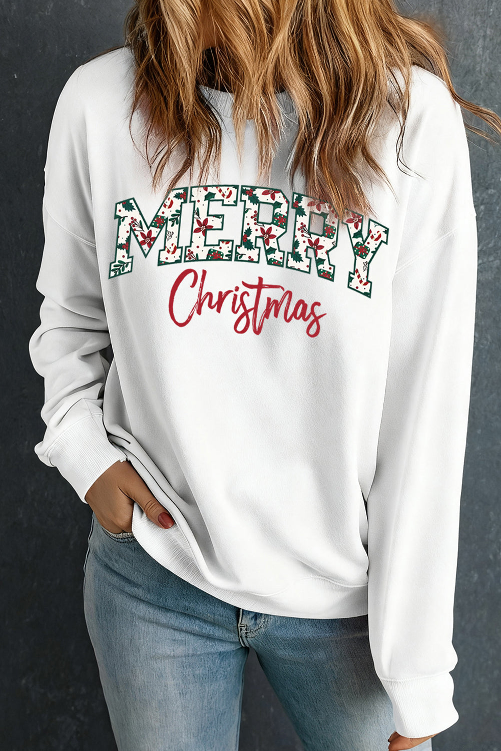 White Merry Christmas Graphic Heat Transfer Printing Cotton Blend Sweatshirt  DAME BOHEME