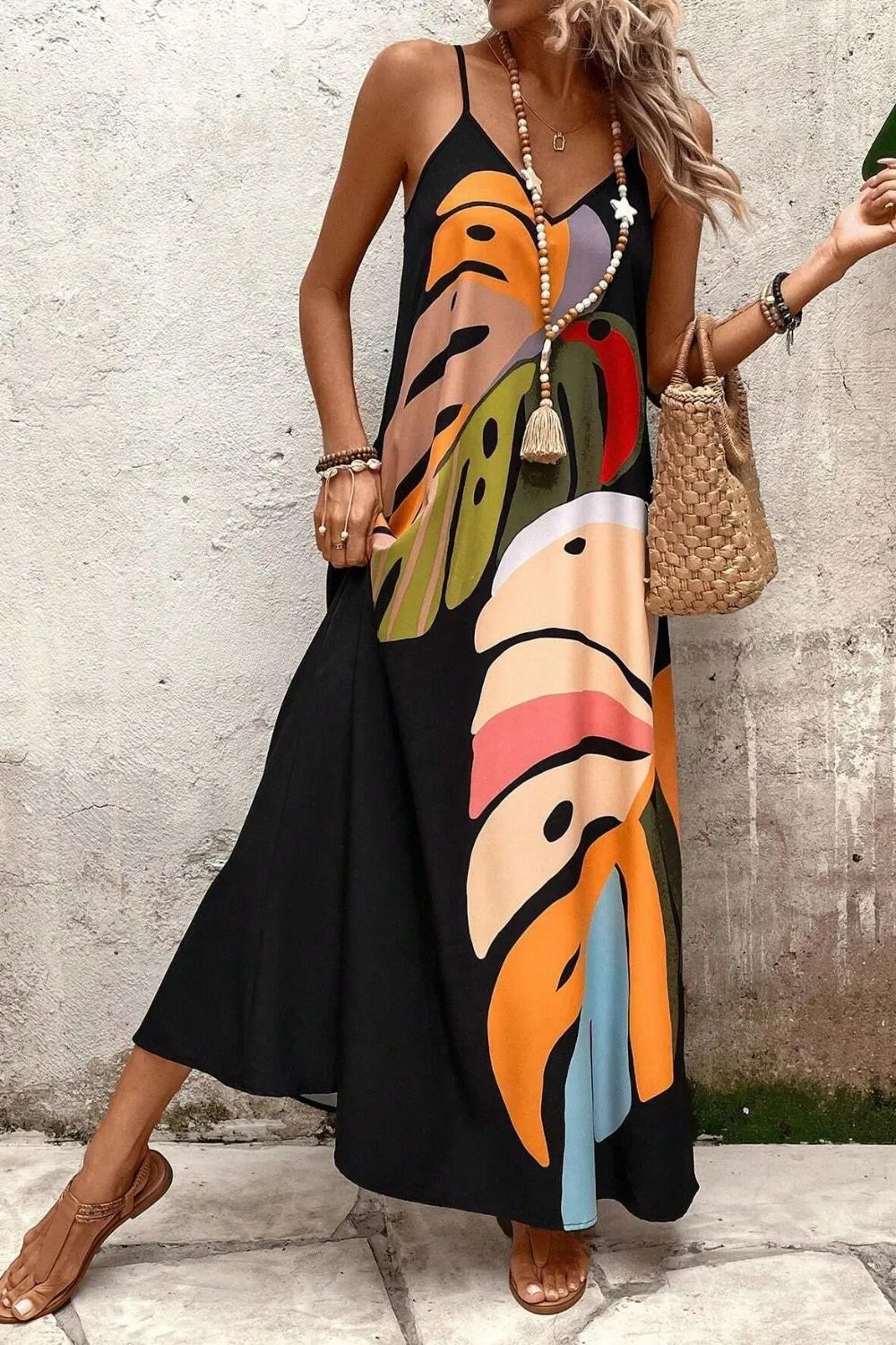 Tropical Leaf Print V-Neck Maxi Cami Dress Plus Size Trendsi