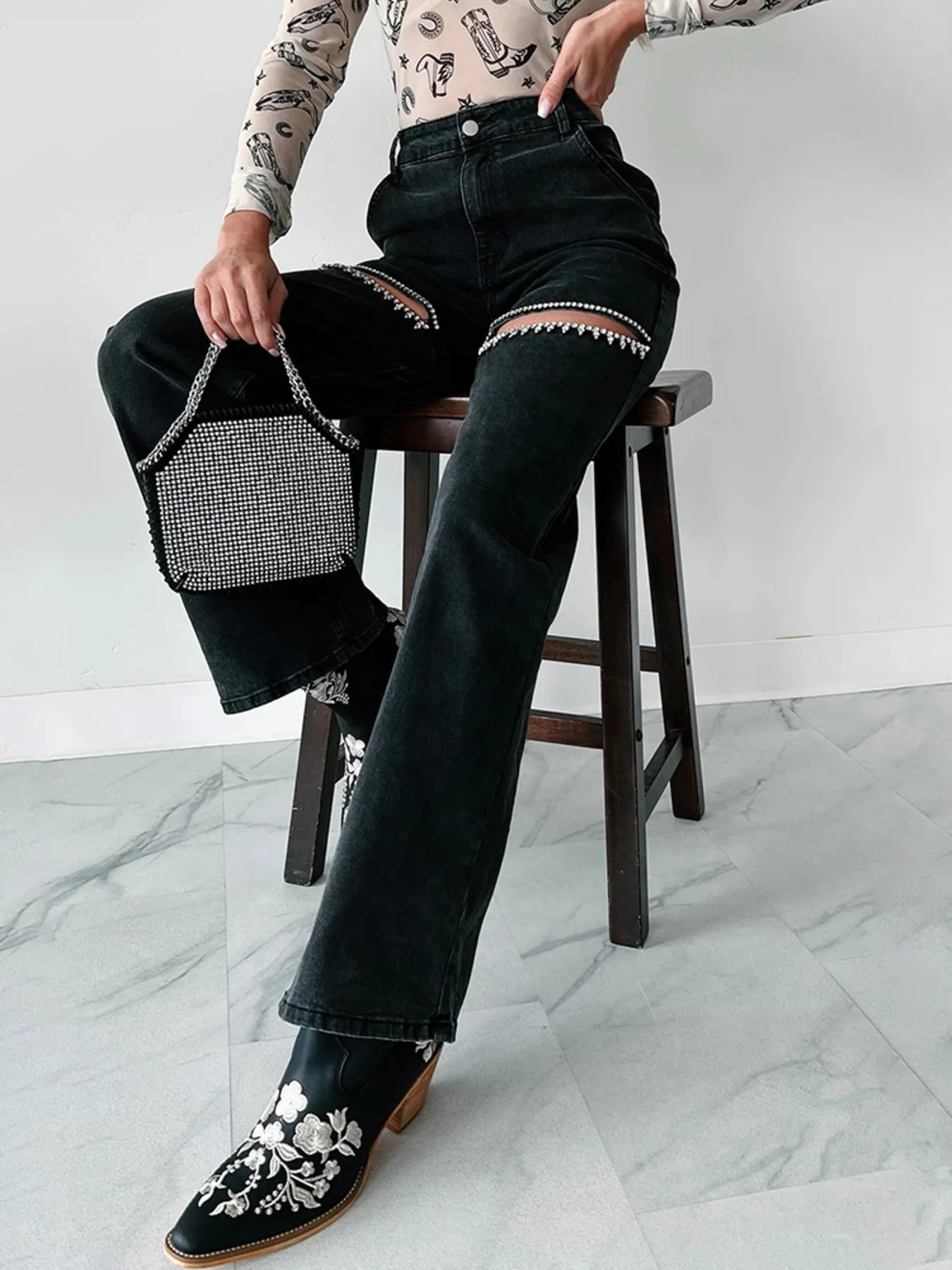 Rhinestones Embellished Cutout Wide Leg Jeans Trendsi