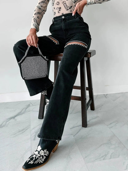 Rhinestones Embellished Cutout Wide Leg Jeans Trendsi