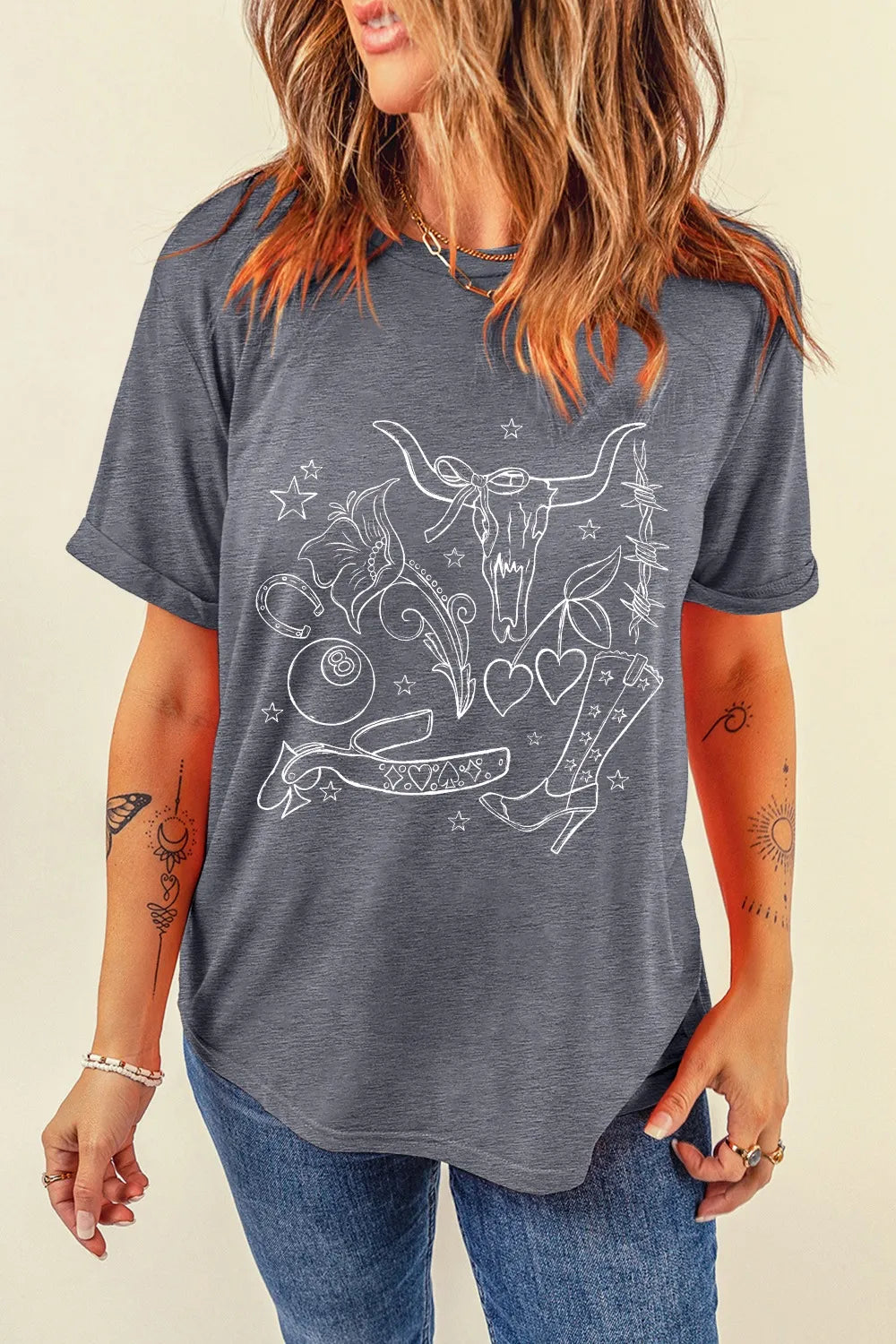 Cowgirl Boots OX Head Western Graphic Crewneck Tee  DAME BOHEME