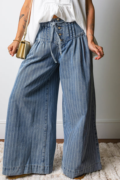 Sky Blue Stripe Button Pleated Drawstring Waist Casual Wide Leg Jeans  DAME BOHEME