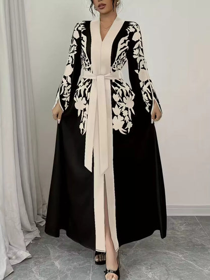 Printed Tie Waist Elegant Maxi Dress