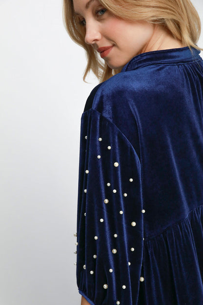 Umgee Pearl Detail Collared Neck Velvet Babydoll Blouse Trendsi