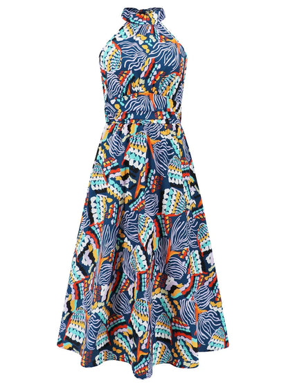 Ruched Printed Halter Neck Midi Dress Trendsi