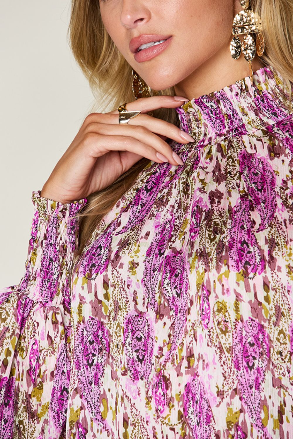 Double Take Full Size Printed Smocked Long Sleeve Blouse  DAME BOHEME