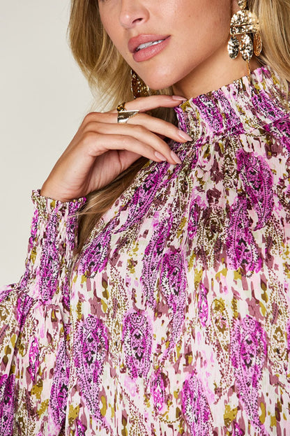 Double Take Full Size Printed Smocked Long Sleeve Blouse  DAME BOHEME