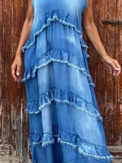 Raw Hem Layered Denim Maxi Dress Plus Size Trendsi