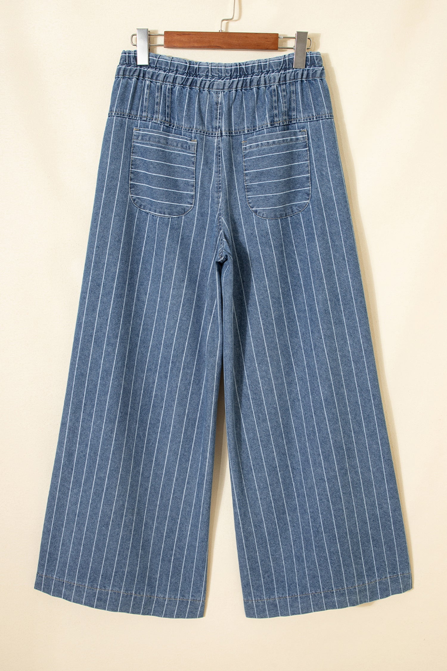 Sky Blue Stripe Button Pleated Drawstring Waist Casual Wide Leg Jeans  DAME BOHEME
