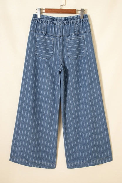 Sky Blue Stripe Button Pleated Drawstring Waist Casual Wide Leg Jeans  DAME BOHEME