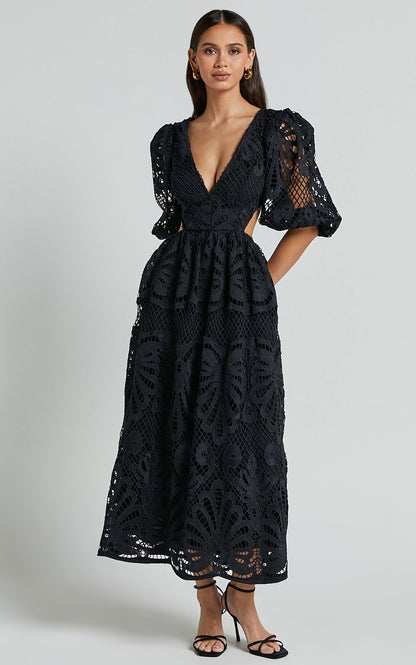 Cutout Back Lace Crochet V-Neck Dress Trendsi