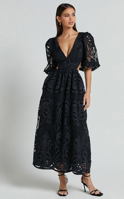 Cutout Back Lace Crochet V-Neck Dress Trendsi