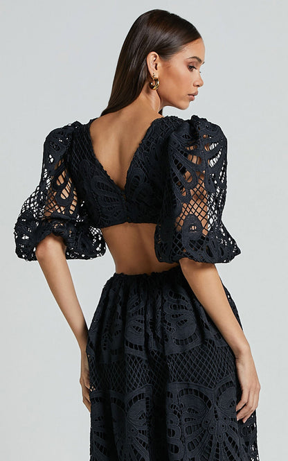 Cutout Back Lace Crochet V-Neck Dress Trendsi