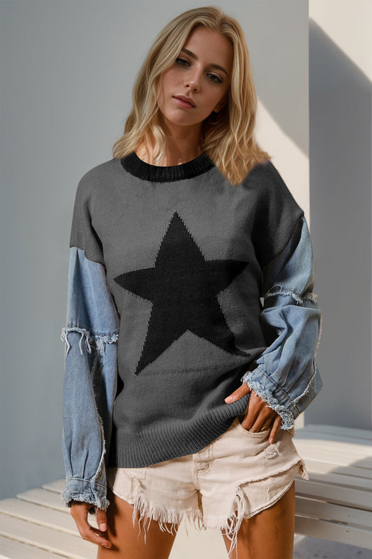 Double Take Full Size Star Pattern Raw Edge Long Sleeve Sweater  DAME BOHEME